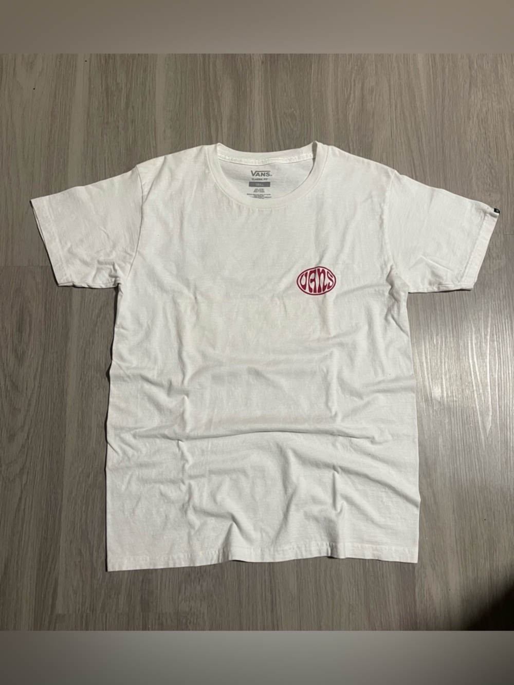 Vans White Short Sleeve Tee with Red Chest Logo